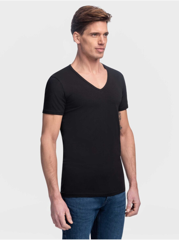 Langes Schwarzen Stretch V-Ausschnitt Herren T-shirt Girav Hong Kong